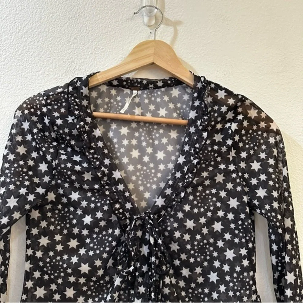 Free People Marne Star Print Sheer Mesh Tie Front‎ Coquette Blouse Top Size S